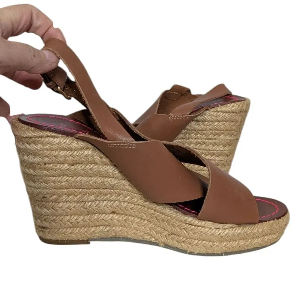 Boden Size 37 US 7 Brown Crossover Rope Platform Wedge Leather Espadrille Sandal